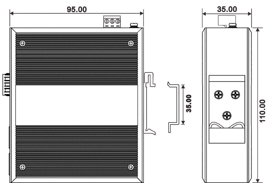 IMC-GB-SFP-2T Dual 10/100/1000T Media converter Dimensions Side/ Back View